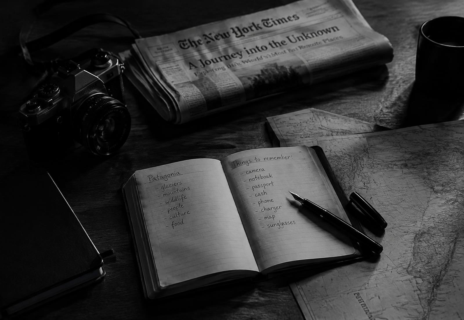 Bureau de journaliste avec carnet, appareil photo et carte